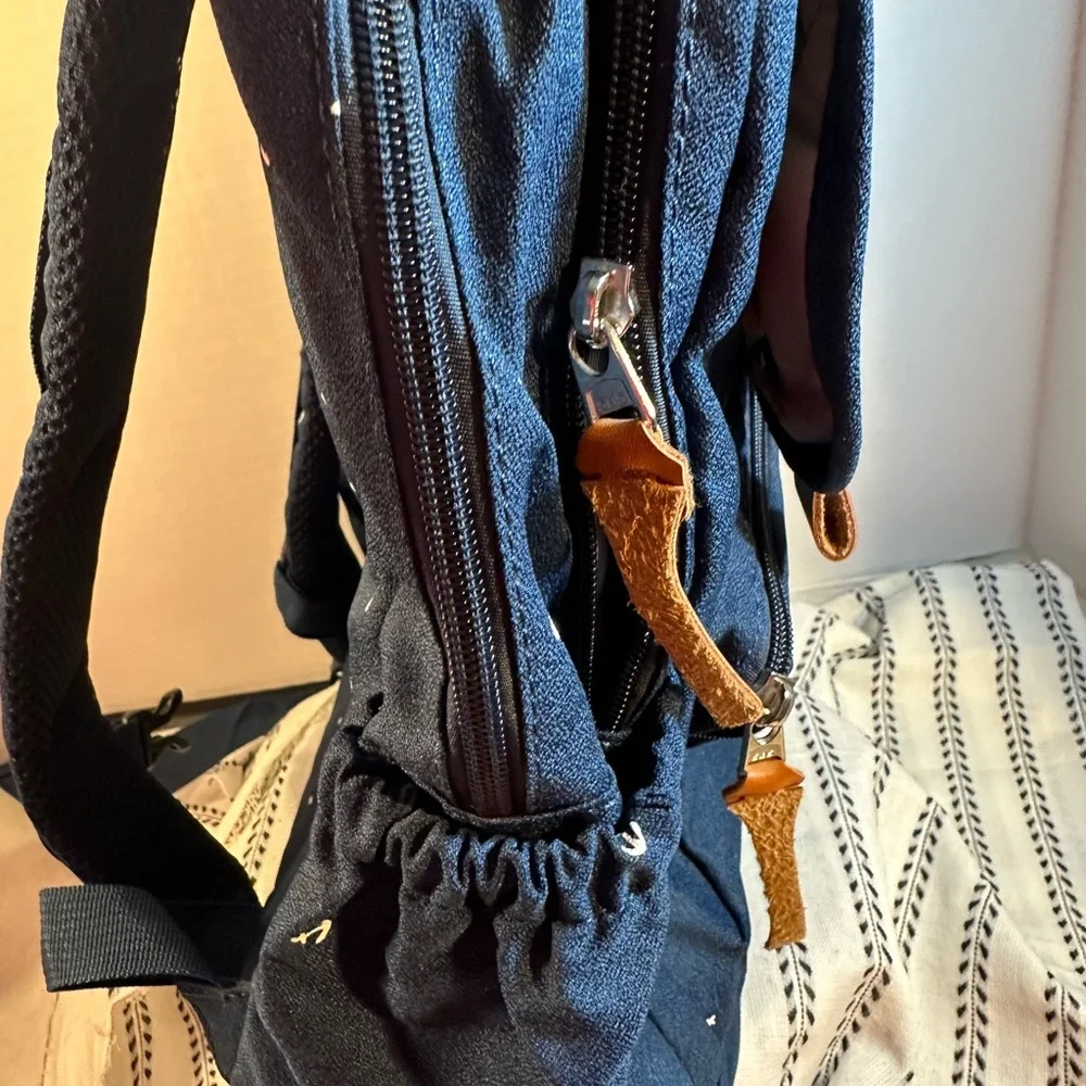 Navy Blue with Anchor Print Kaukko brand laptop backpack leather details